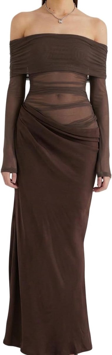 Jurk voor dames, elegant, maxi-jurk, schoudervrij, lange mouwen, sexy, nauwsluitend, netjurk, transparant, avondjurk, ceremonie, party, disco, herfst, winter, bodycon etui