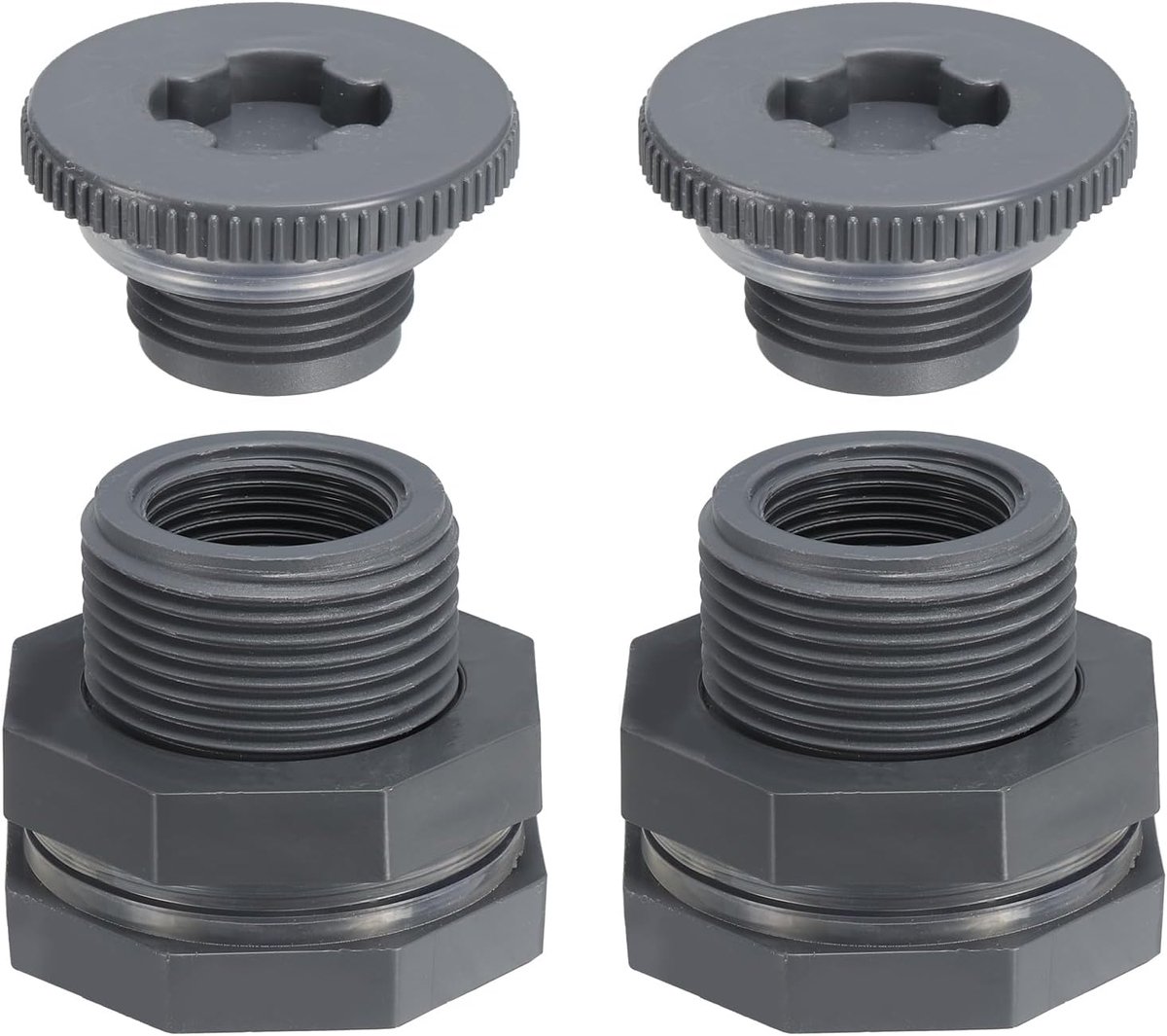 PVC schot fitting met plug NPT 3/4 inch, 2 stuks schot watertank connector met siliconen afdichting pakking tuinslang fitting met plug voor regenemmer, gootstenen, aquaria, grijs