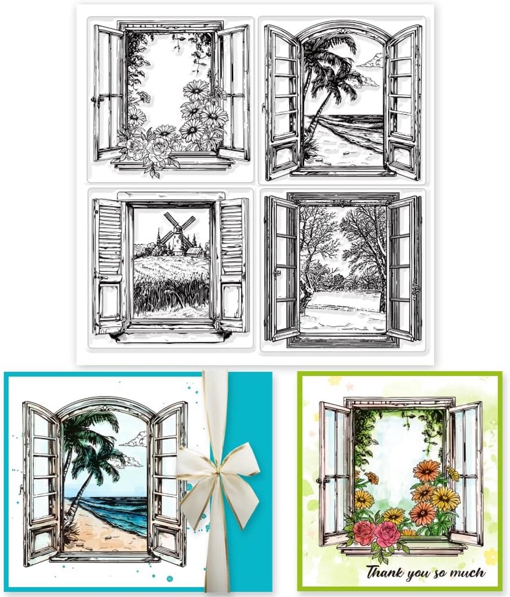 Vier seizoenen Windows Scenery Clear Stempels voor Kaarten Maken Venster View Clear Stempel Seals 5.9x5.9in/15x15cm Transparante Stempels voor DIY Scrapbooking Fotoalbum Journal
