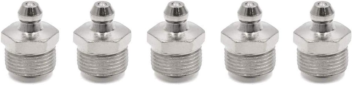 5 stuks M14 x 1 nikkel geplateerd straight grease nipple fitting voor motorfiets auto | Kegelsmeernippel, vetnippel, recht, corrosiebestendig, platte opening, diepe schroefdraad, voor vrachtwagen, voor industrie