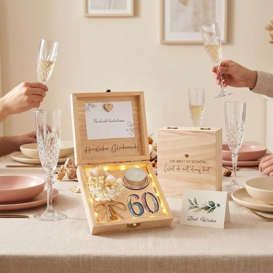 Inyeskon Geldgeschenken Verjaardag 60, Creatief Geldgeschenk in Houten Verpakking Geschenkdoos met Droogbloemen, Holzliebe Magneet en Wenskaart voor Verjaardag Vrouw Man — afbeelding 2