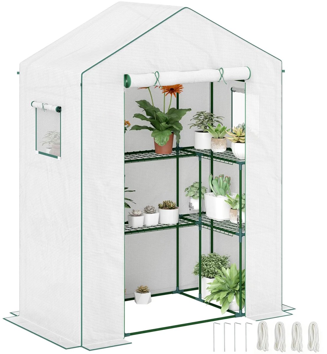 Emvae Kweekkas - Tuinkas - U-vormige Planken - 1 Deur en 2 Ramen - 140 x 73 x 190 cm - UV-bestendig PE - Wit
