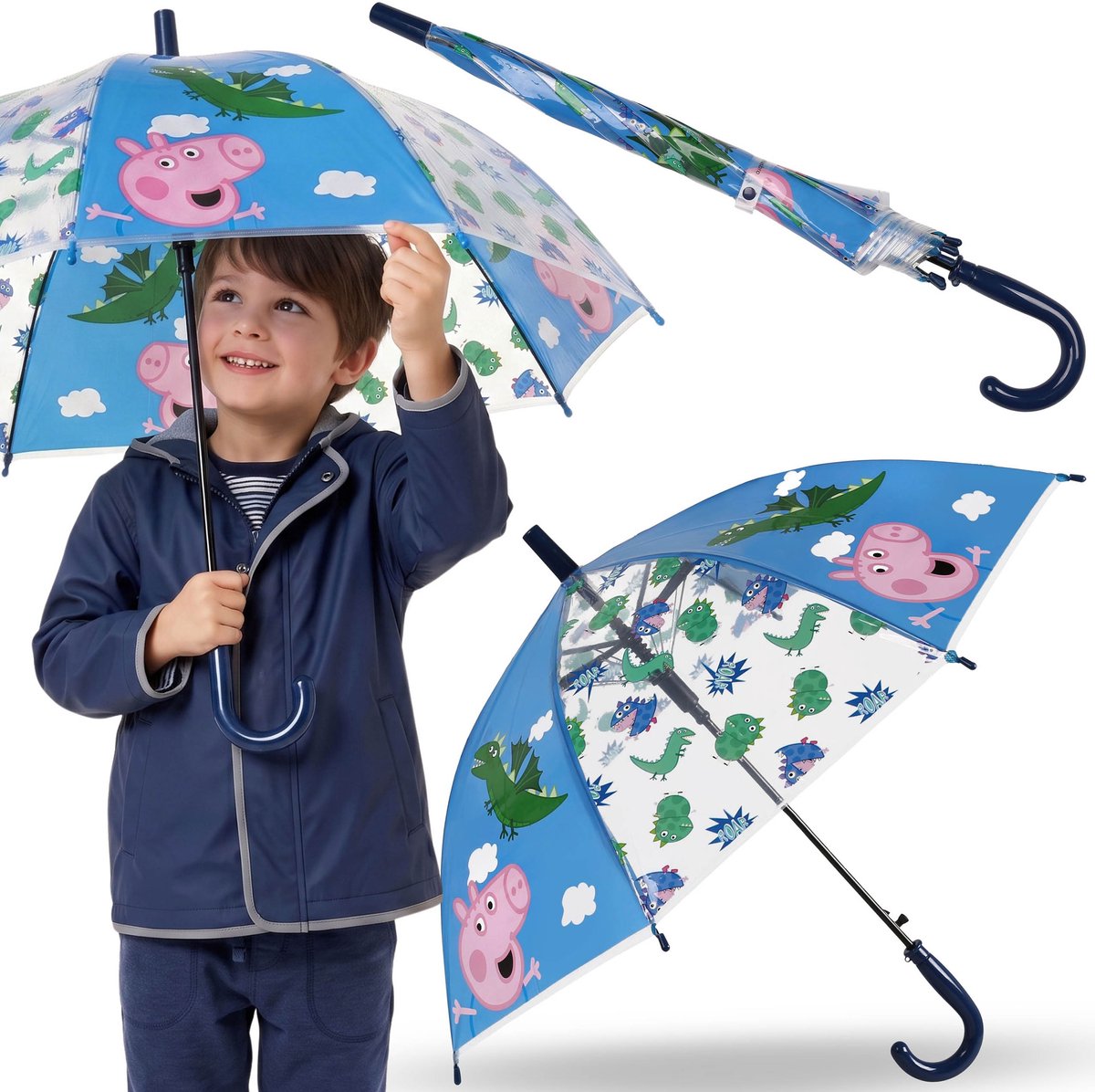Peppa Pig George Blauwe kinderparaplu VOOR JONGENS, transparante OPVOUWBARE automatische paraplu