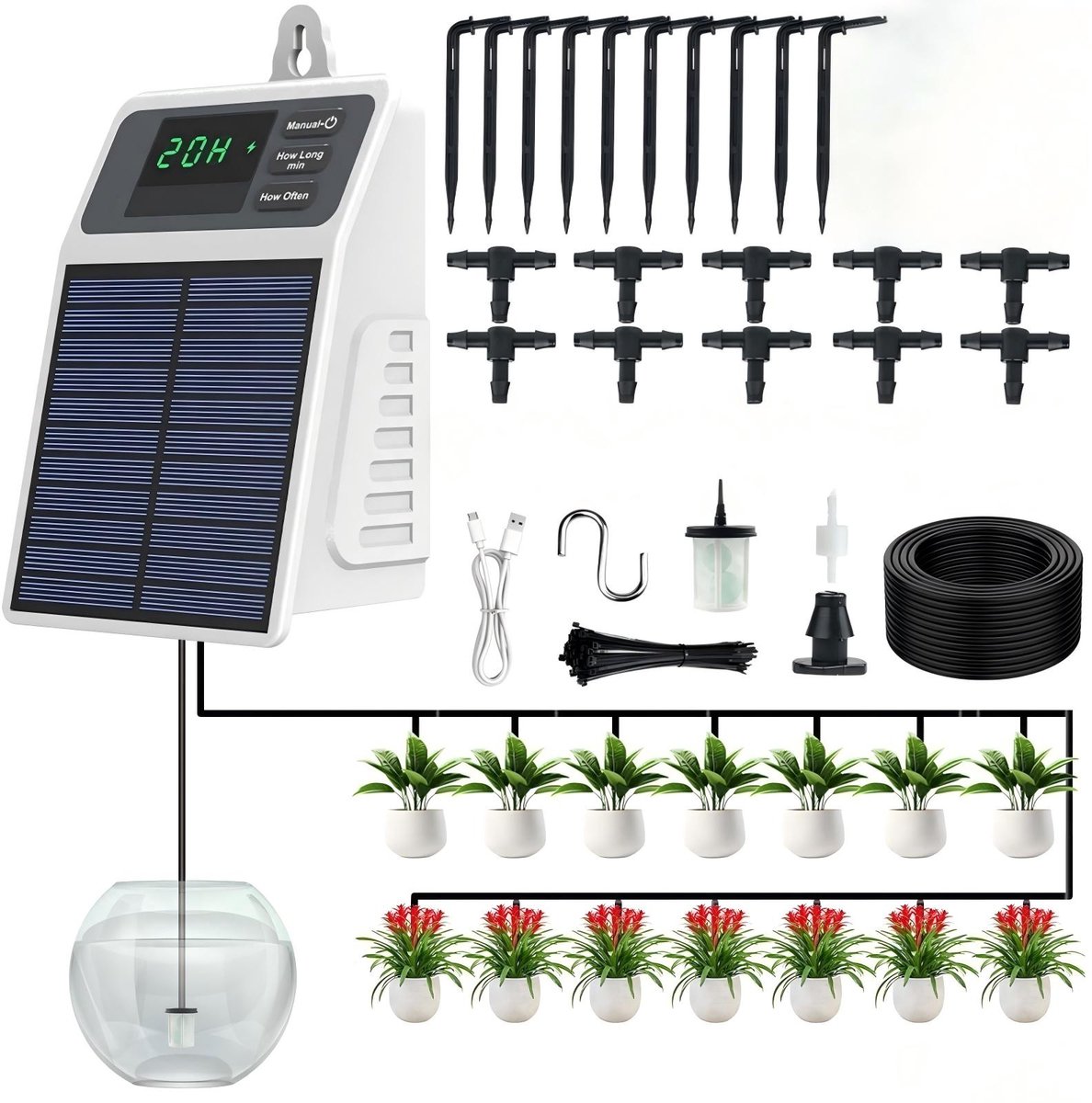 Namajunas - Irrigatiesysteem op Zonne-energie – Automatisch Druppelbewateringssysteem – Slim, Waterbesparend Watergeefsysteem voor Binnen- en Buitenplanten met 10 Druppelaars en 10M Slang - 30 tijdsinstellingen