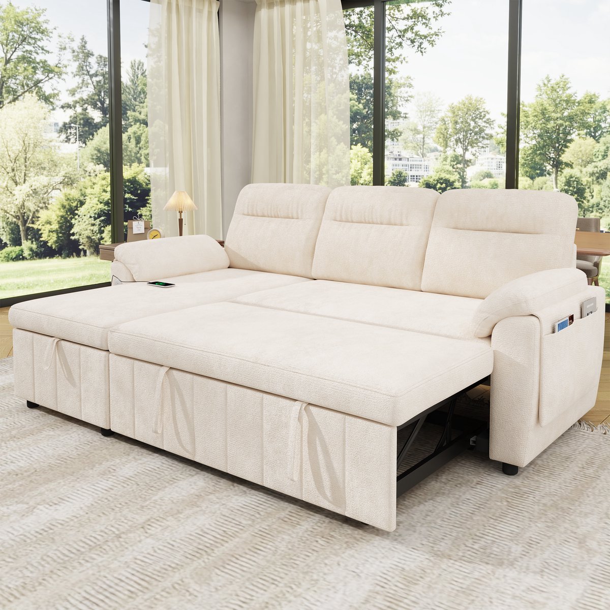 Woonkamer Hoekbank, L-Bank, 3-Zits bank, L-Vormige Hoekbank Met Chaise Longue Die Naar Links En Rechts Kan Worden Verplaatst, Uittrekbare Slaapfunctie, Opbergruimte In De Chaise Longue, Usb/Type-C-Paneel, Chenillestof,Beige