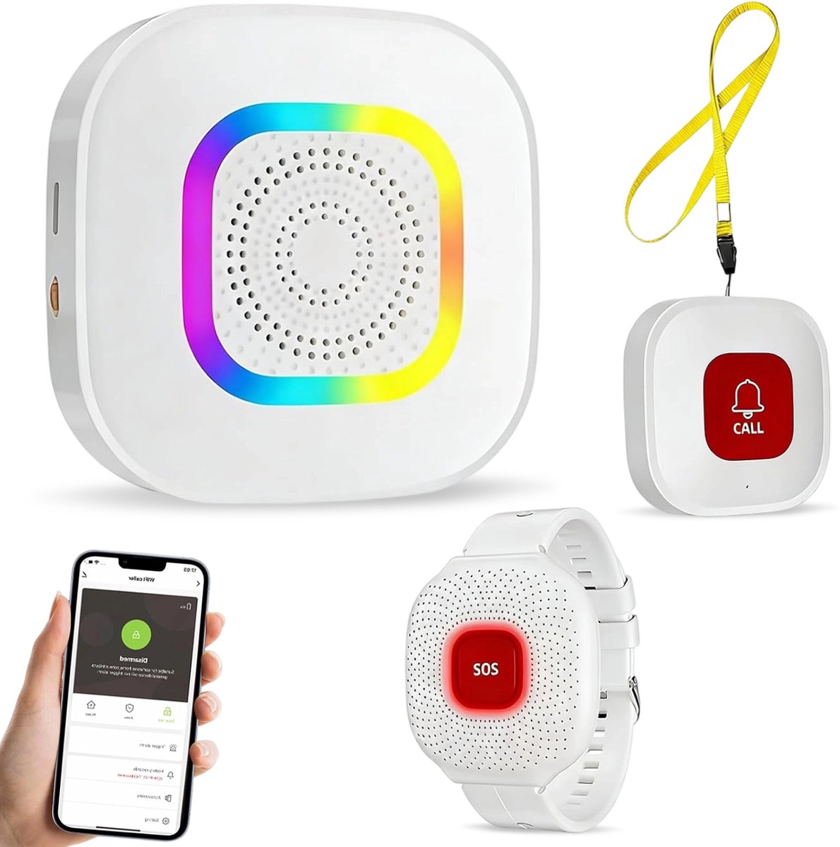 Fokelyi Senioren Alarm-Wifi Alarmknop voor Ouderen-Persoonlijk Alarm-120 dB- 16 Beltonen-SOS Noodknop-App Bediening-Horloge en Knop, Wifi Host