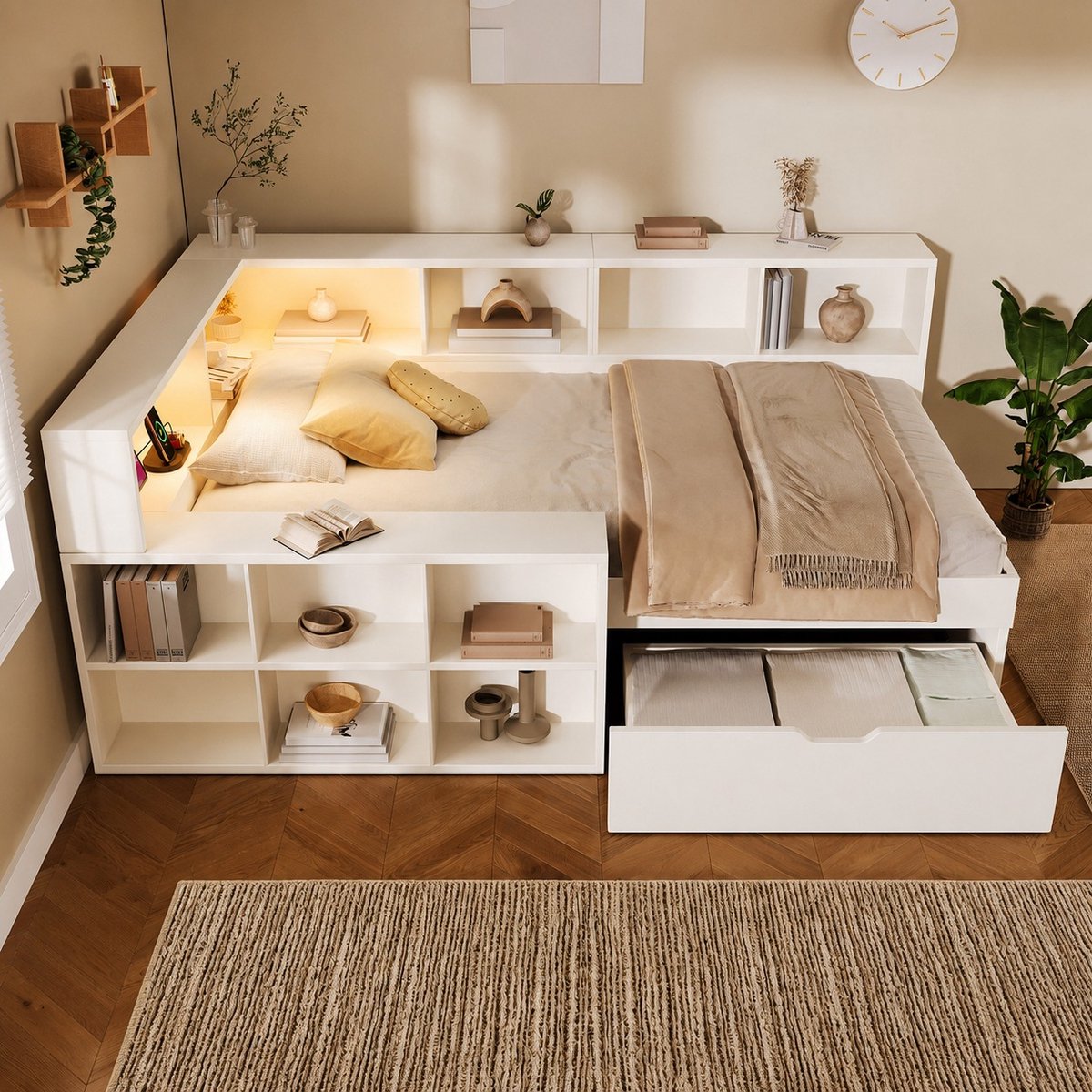 90x200 cm slaapbank met opbergruimte en leeslamp - met USB-C oplaadpoort - lade en open plank - wit - zonder matras