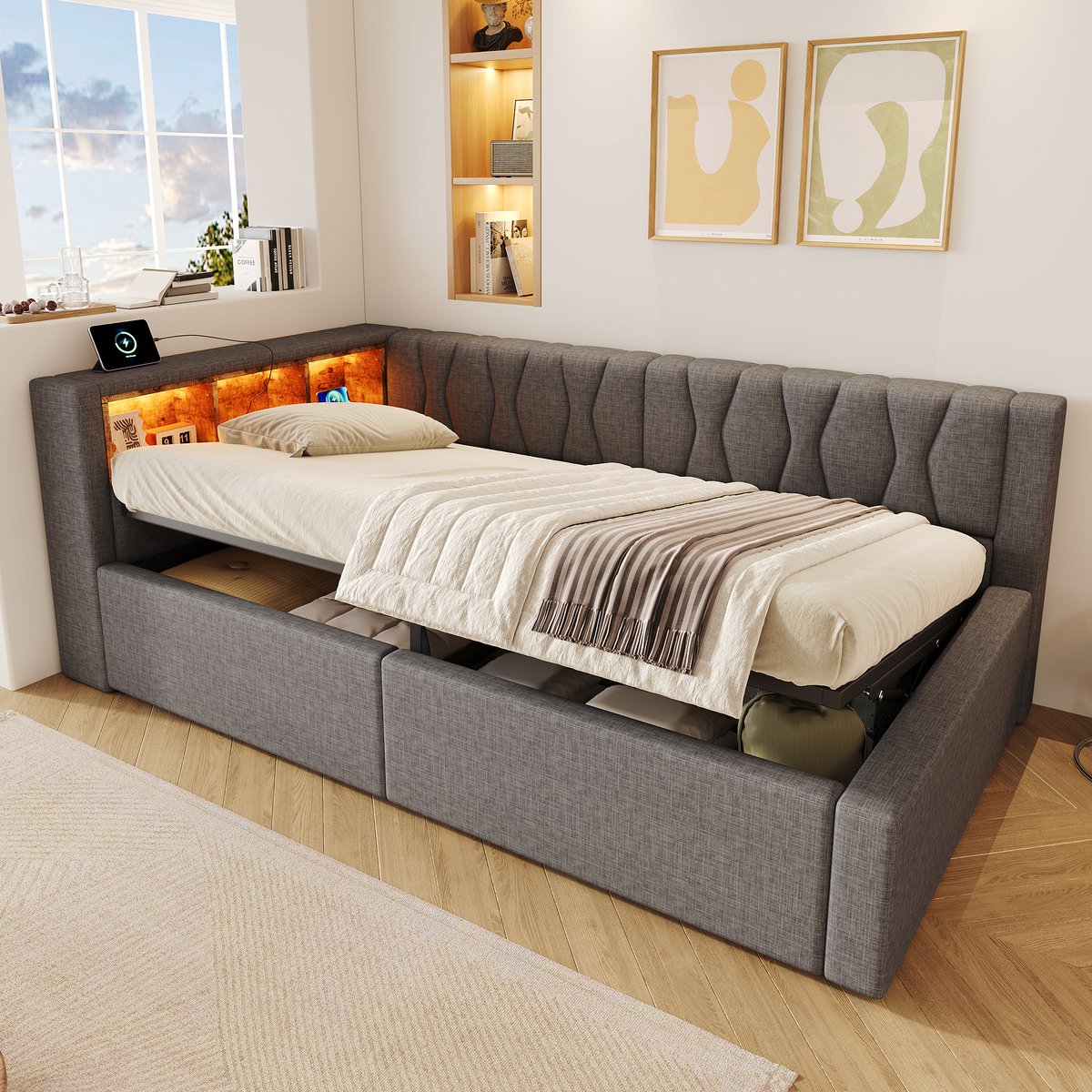 Slaapbank 90x200 cm - met opbergruimte - LED-verlichting - boekenplank - USB-poort - grijs - zonder matras