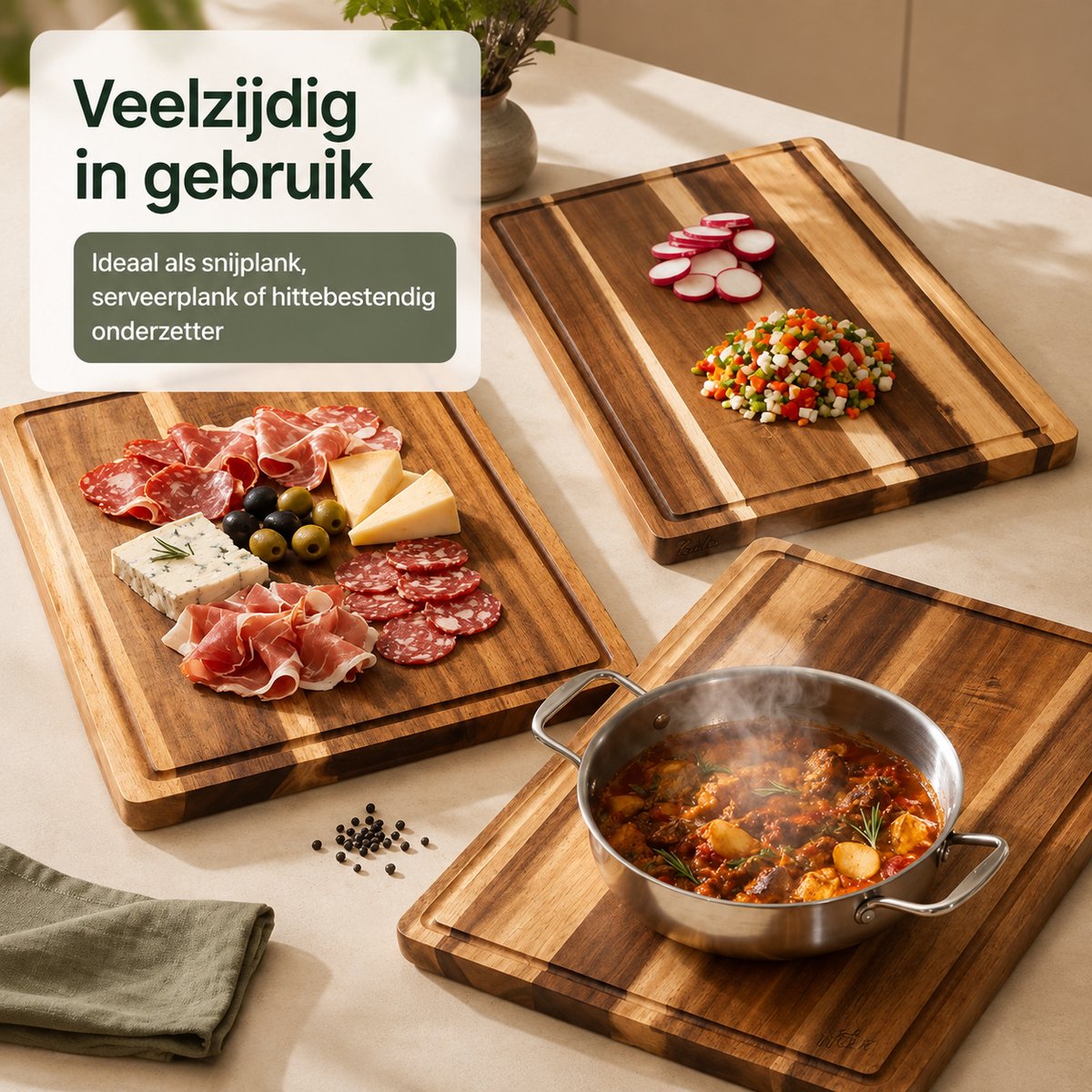 BOTC Houten Snijplanken Set 4-Delig - Snijplank met Sapgeul - Keuken Snijplanken voor Vlees, Groente & Brood - Ook als Serveerplank en Borrelplank — cadeau in Kookcadeaus - foto 4