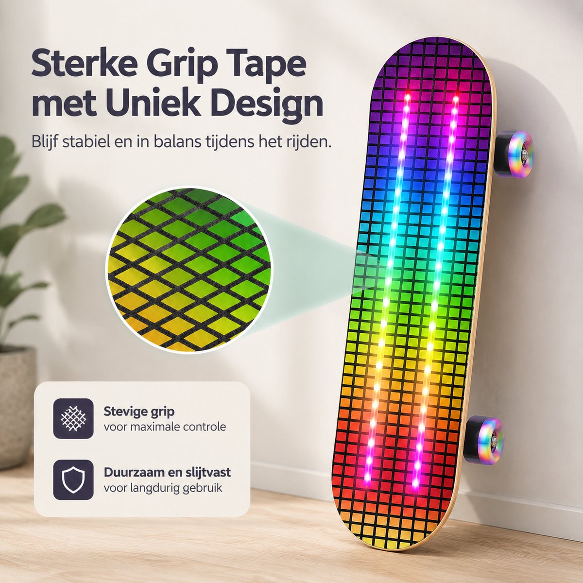Suotu Skateboard met LED Lichtgevend Dek & Wielen - 80x20cm - ABEC-9 - 95A - Schokabsorptie - Jongens - Meisjes - Volwassenen Skateboards - Gekleurd raster — afbeelding 3