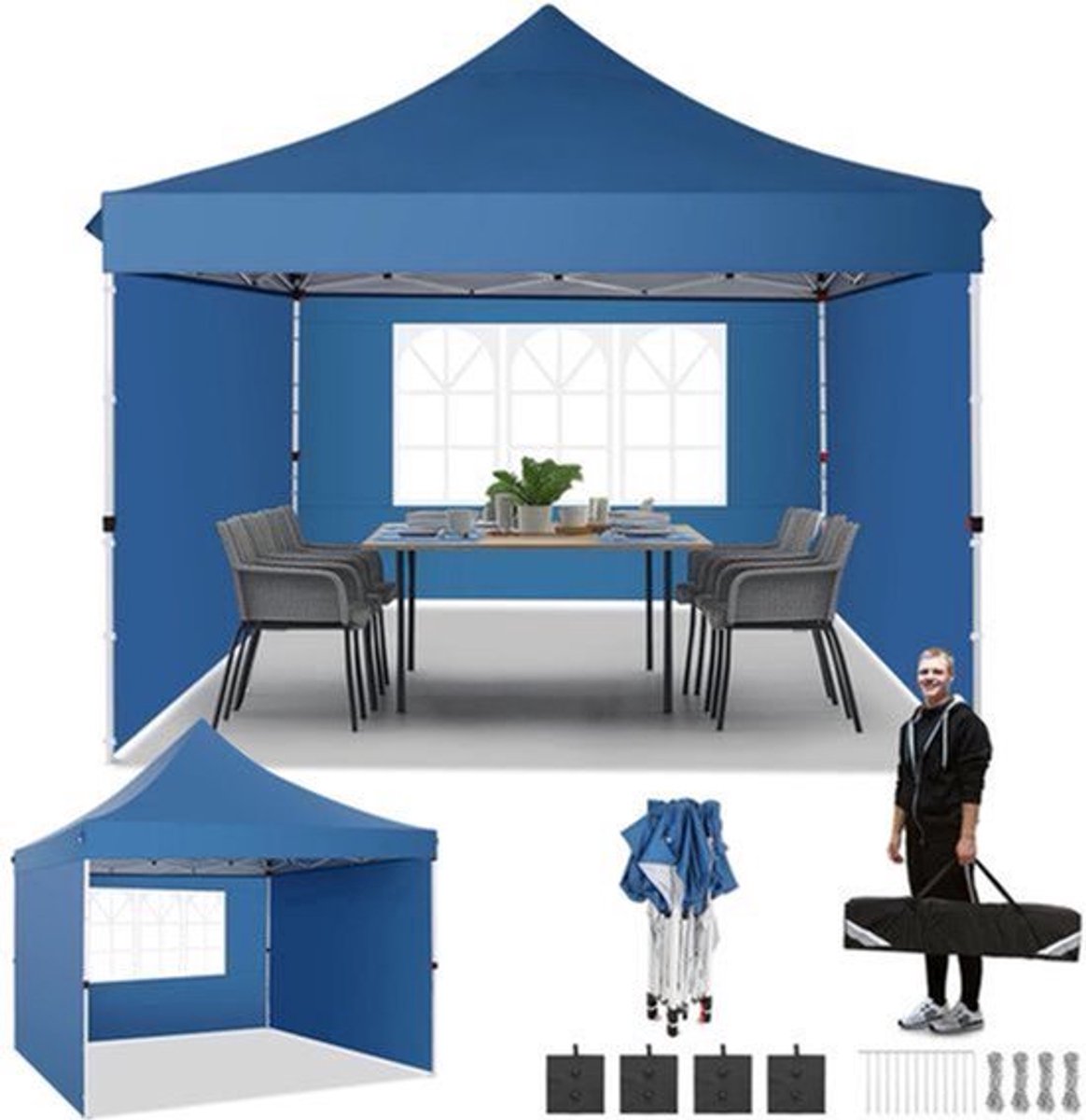 Paviljoen – Tuinent – Pop-Up Tuent – Overkapping – Partytent – 3x3 Meter – Verstelbare Hoogte - Blauw