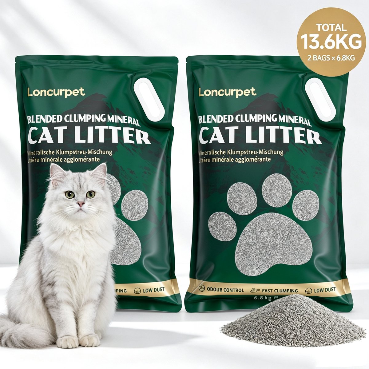Loncurpet - Kattenbakvulling - Kattengrind - 2 x 6,8kg - Natuurlijk Ruw Erts Gemengd - Snelle Absorptie - Plakt Niet aan de Bodem - Langdurige Geurcontrole
