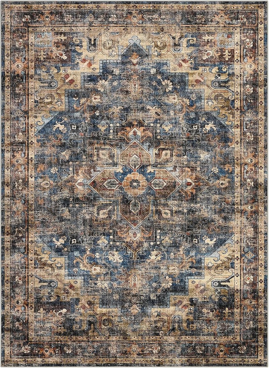 Perzisch Vloerkleed - Wasbaar Antislip Fluweelzacht - Blauw/Bruin - 200x290 cm