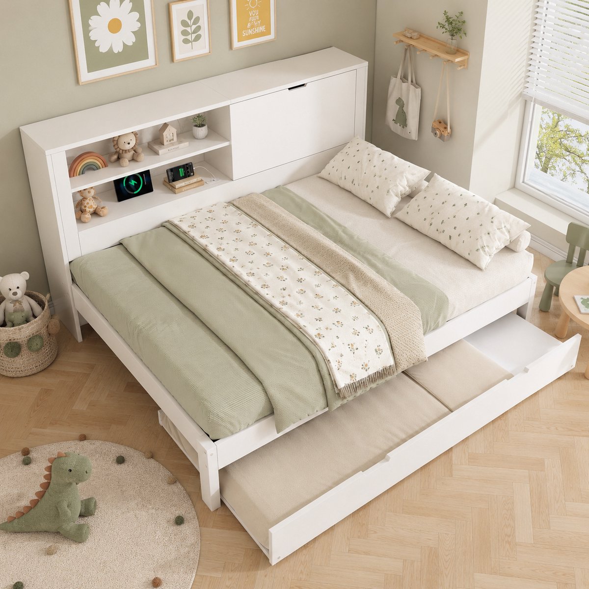 Bedbank - 140x190 Cm - Bed - Met Lattenbodem - Met Opbergruimte - USB C - Wit - Zonder Matras