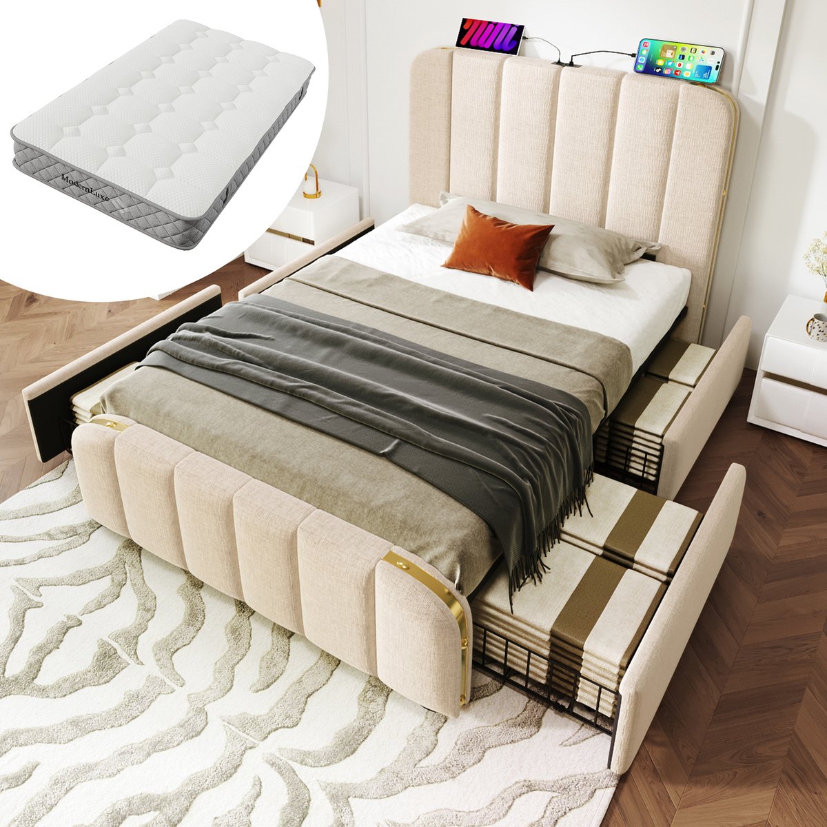 Bedframe - 90x200 Cm - Bed - Met Lattenbodem - Met Opbergruimte - USB C - Beige - Met Matras