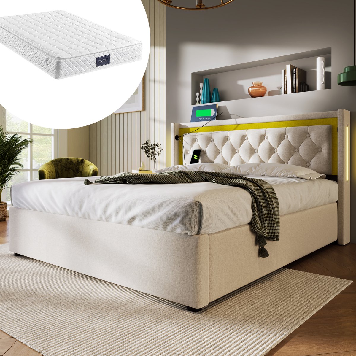 Bedframe - 140x200 Cm - Bed - Met Lattenbodem - Met Opbergruimte - LED - USB C - Beige - Met Matras
