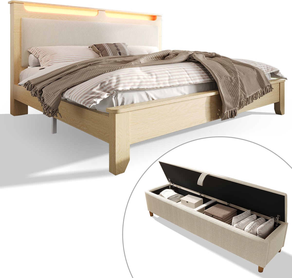 Gestoffeerd Bed 140x200 cm - LED Hoofdbord Met Opbergruimte En Bedbankje - Licht Eiken