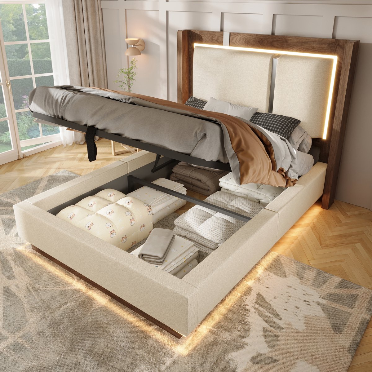 Bedframe - 90x200 Cm - Bed - Met Lattenbodem - Met Opbergruimte - LED - Walnoot - Zonder Matras