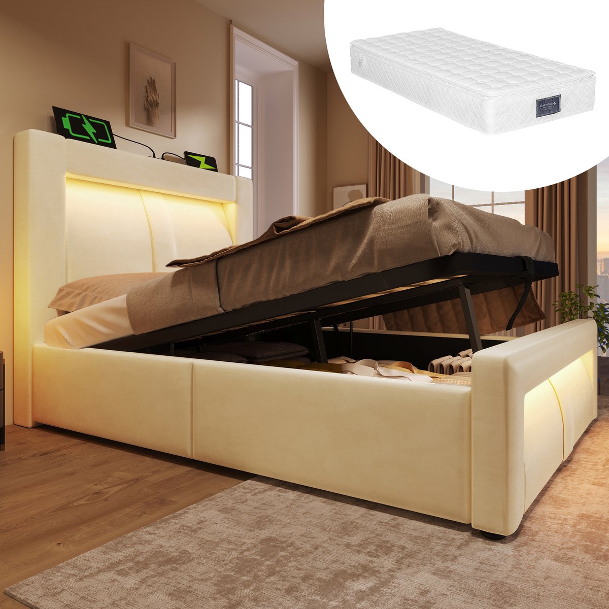 Bedframe - 90x200 Cm - Bed - Met Lattenbodem - Met Opbergruimte - LED - USB C - Beige - Met Matras