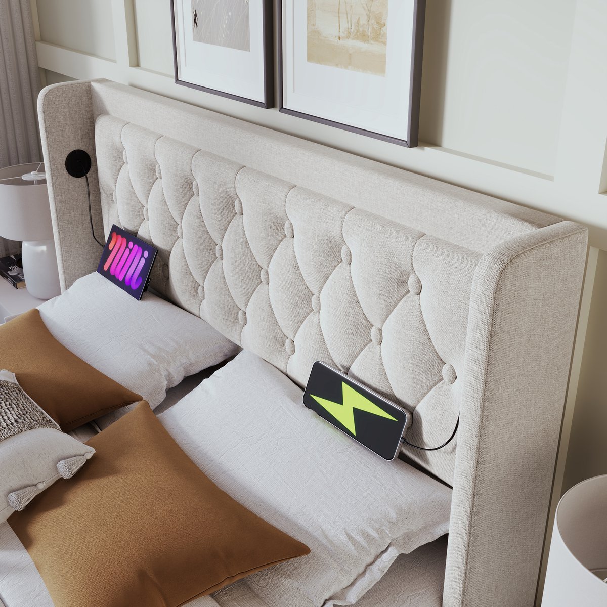 Bedframe - 90x200 Cm - Bed - Met Opbergruimte - LED - USB C - Beige - Zonder Matras
