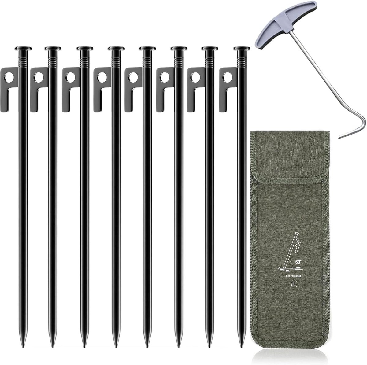 Tentharingen 20 cm staal + opbergtas + uittrekbare haringen, tent voor stormbestendige haringen met haken, camping grondanker voor outdoor, wandelen, harde vloeren, bos, weiden