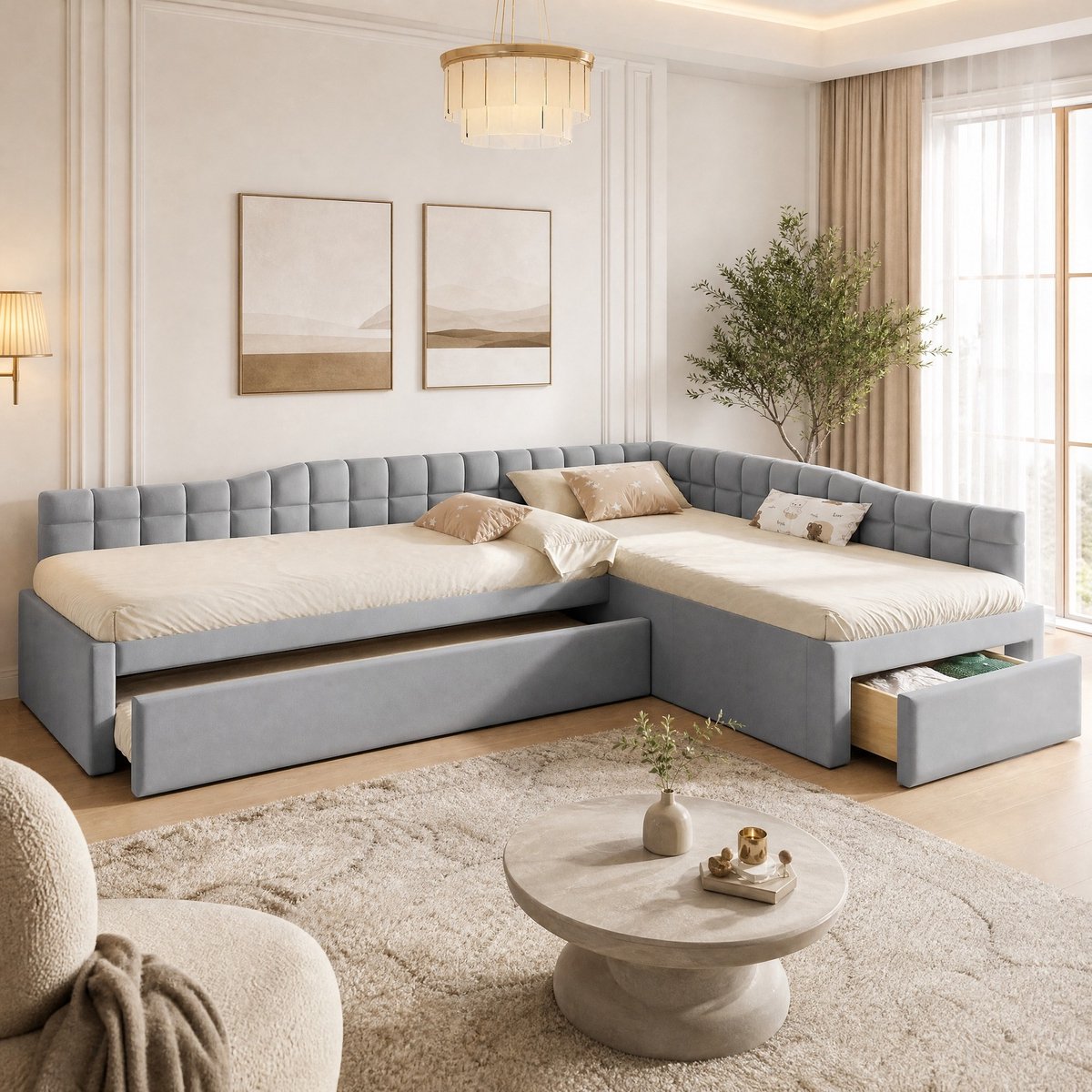COVREO Bed 295,5x204x57,5 cm grijs MDF en stof, met uitrolbed en lades