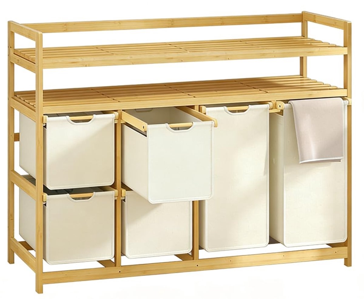 SolidKeus - Grote Wasmand 200L met 6 Vakken en 2 Planken, Bamboe Wasrek Beige