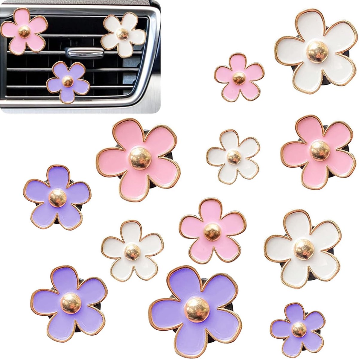 SolidKeus - 12 Stuks Daisy Bloem Auto Luchtverfrisser Clips