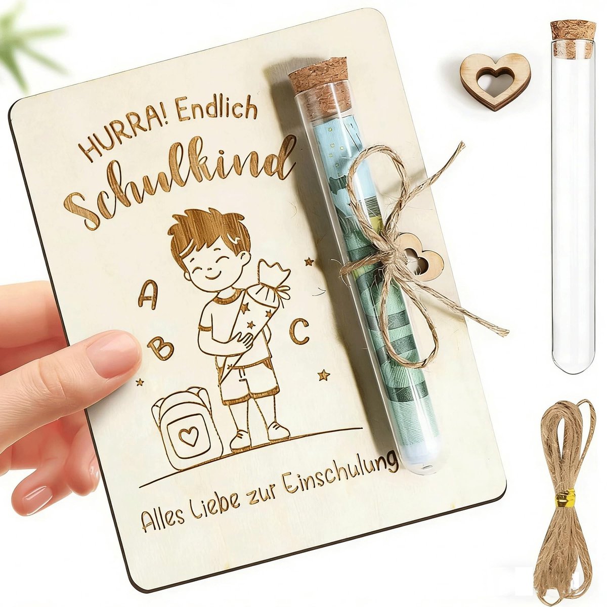 SolidKeus - Geldcadeauverpakking met Kurkhouder en Glazen Fles voor Eerste Schooldag