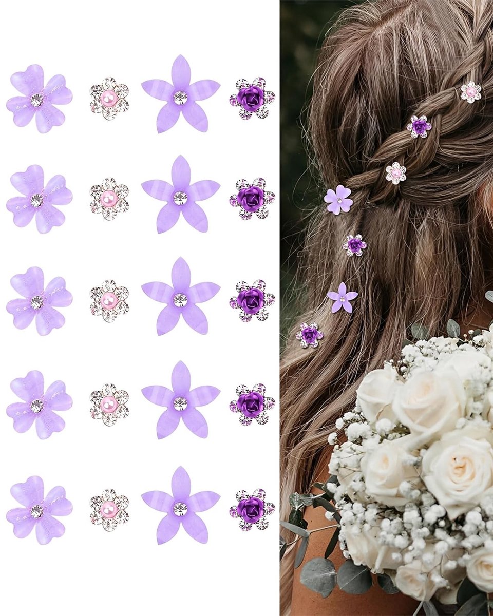 SolidKeus - Set van 20 Elegante Haarspelden met Paarse Bloemen