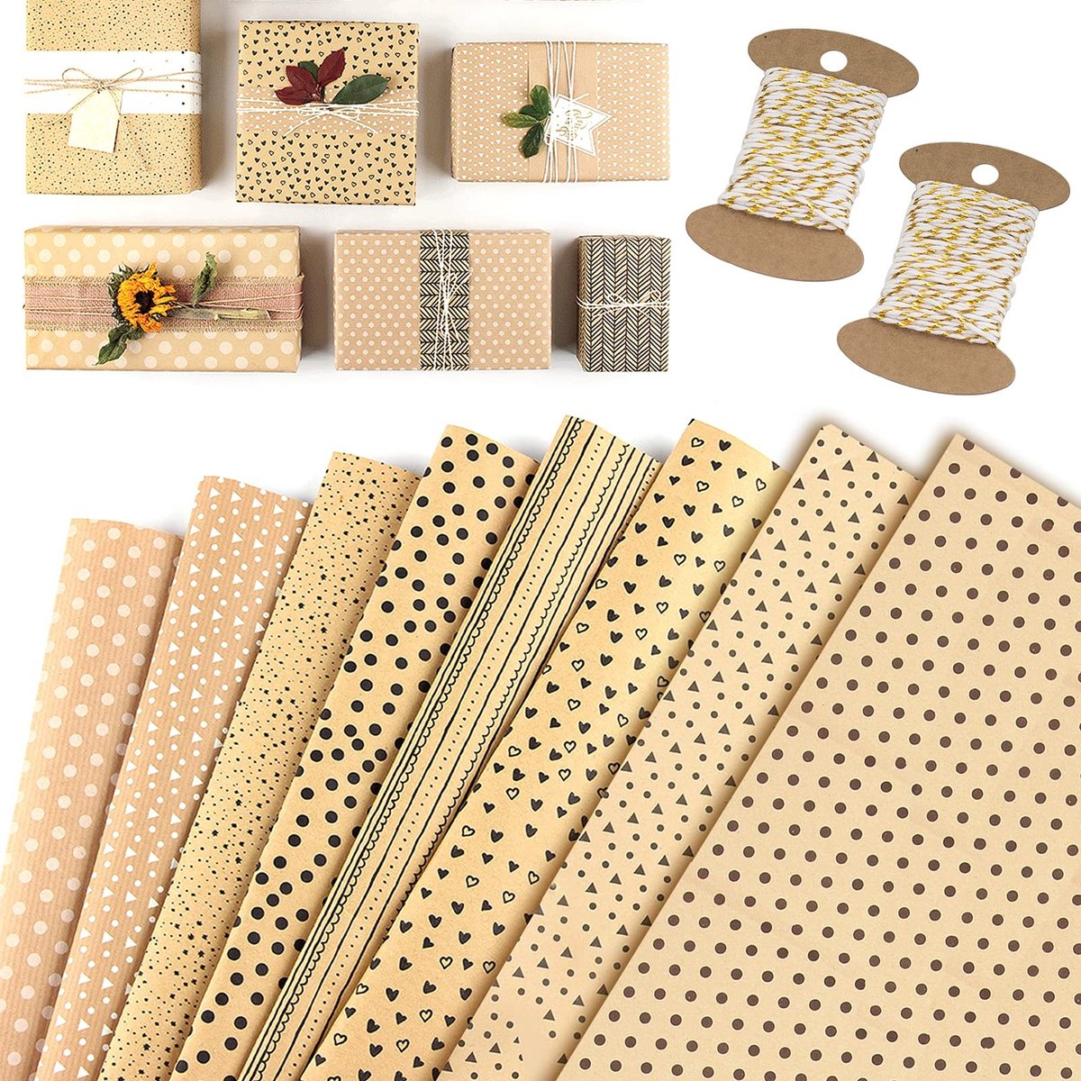 SolidKeus - Set van 8 Vintage Kraft Papier Cadeaupapierrollen