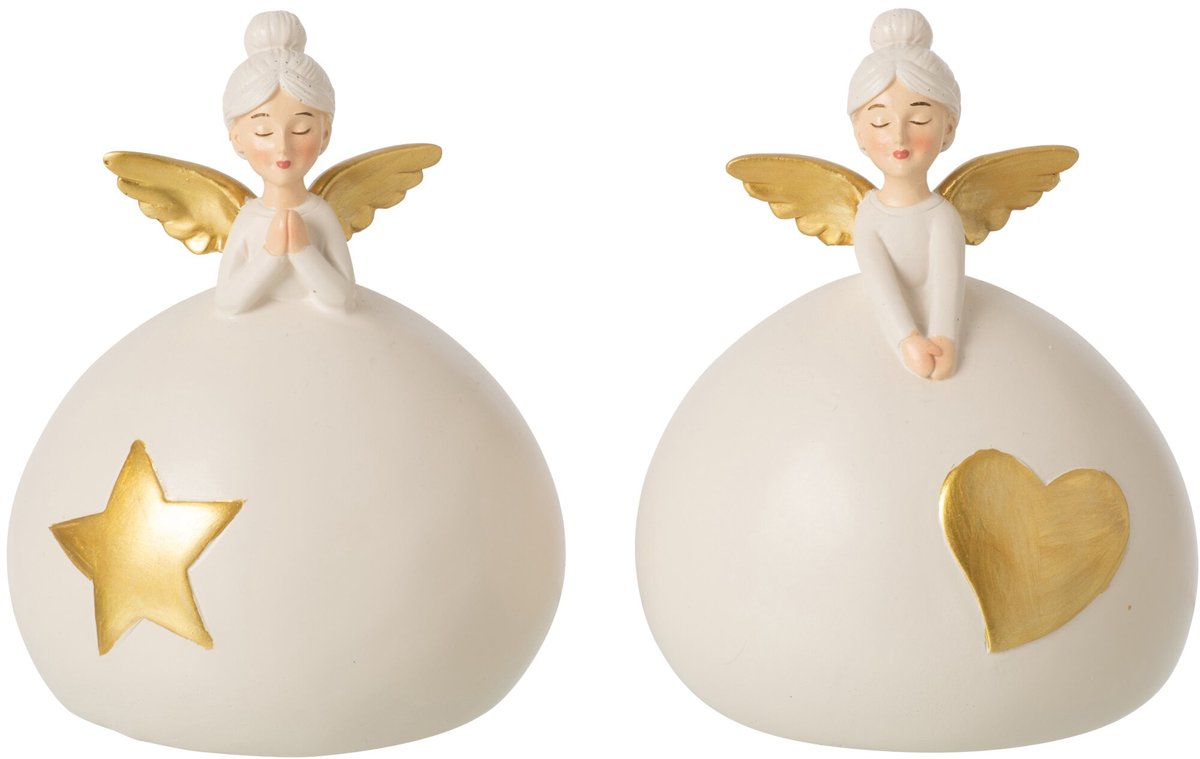 J-Line Engel met hart en ster - polyresin - goud/lichtbeige - large - assortiment van 2