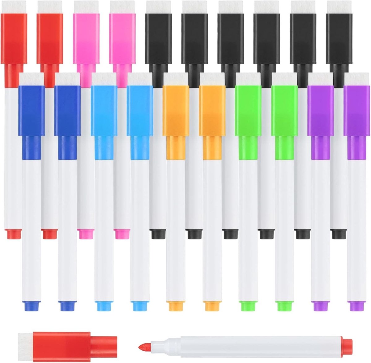 20 Stuks Erasable Whiteboard Markers met Magnetische Zuignap en Gum - Wasbare Drooguitwisbare Stiften voor Kantoor, School en Thuis (Multicolor)