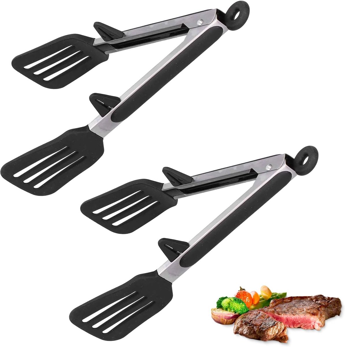 Serveertang van siliconen, roestvrij staal, 22,9 cm/30,5 cm, spateltang voor levensmiddelen, kooktang, anti-aanbakspatel (zwart, 30,5 cm - 2 stuks)
