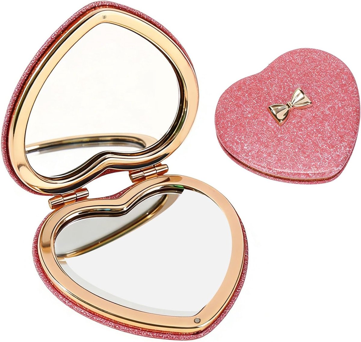 7,5 cm compacte spiegel, mini hart zakspiegel, opvouwbaar & handheld 2-zijdige 1x/2x vergroting compacte spiegel kleine draagbare handspiegel, dubbelzijdige schattige glitterspiegel, roze