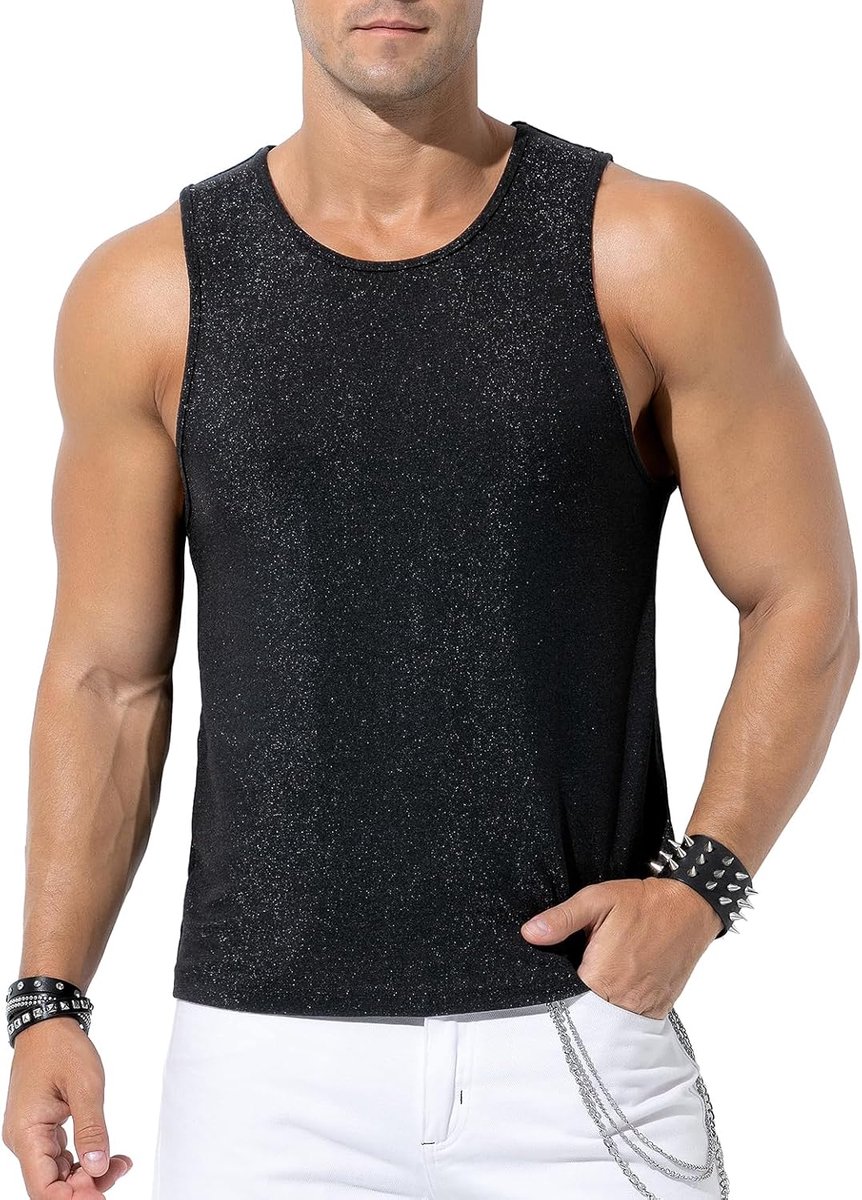 Kevin Glitter-tanktop voor heren, pailletten, hemd, metallic glanzend, mouwloos bovendeel, zomer, tanktop