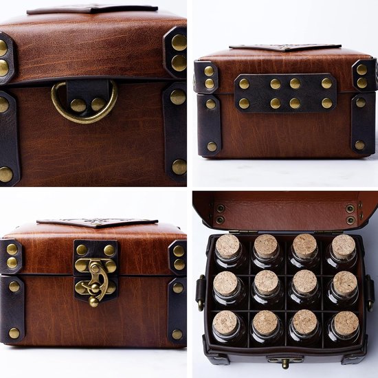 Alchemistenkist van kunstleer met 12 kurk elixerflesjes en verstelbare schoudertas, fantasie sieradendoos voor DnD LARP renaissance festivals cosplay-evenementen, 14×11×8 cm — afbeelding 3