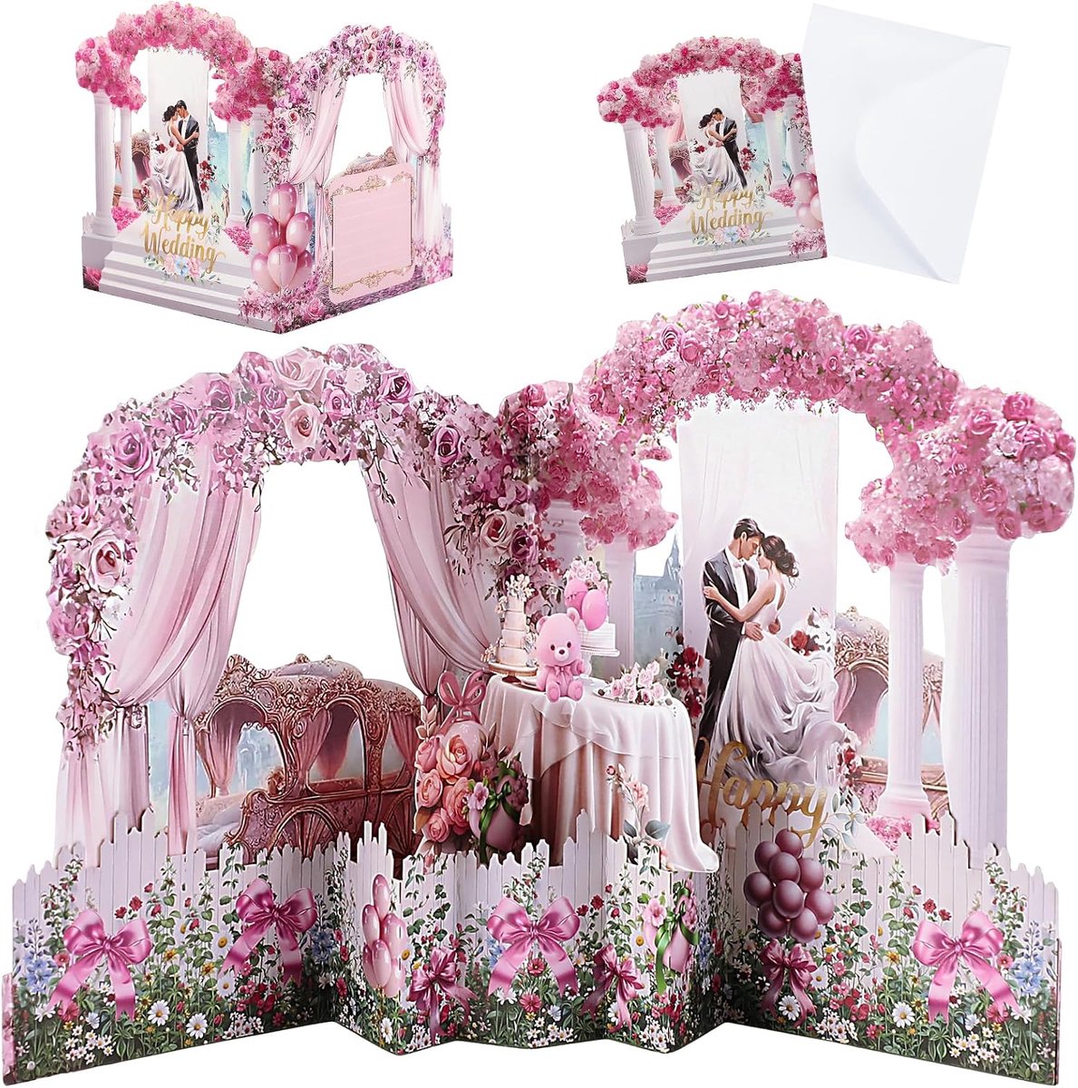 3D-wenskaart voor bruiloft, enveloppen, huwelijkscadeaus voor het bruidspaar, 3D-wenskaart voor bruiloft, roze, geschikt voor huwelijksgeschenken en trouwdagen