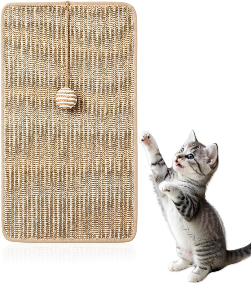 Krabplank voor katten, bankhoek, krabwand voor katten, 30 x 60 cm, sisal krabplank voor katten, krabmat, muur, hoekbescherming, kat met speelbal voor bank, meubels, deur, krasbescherming
