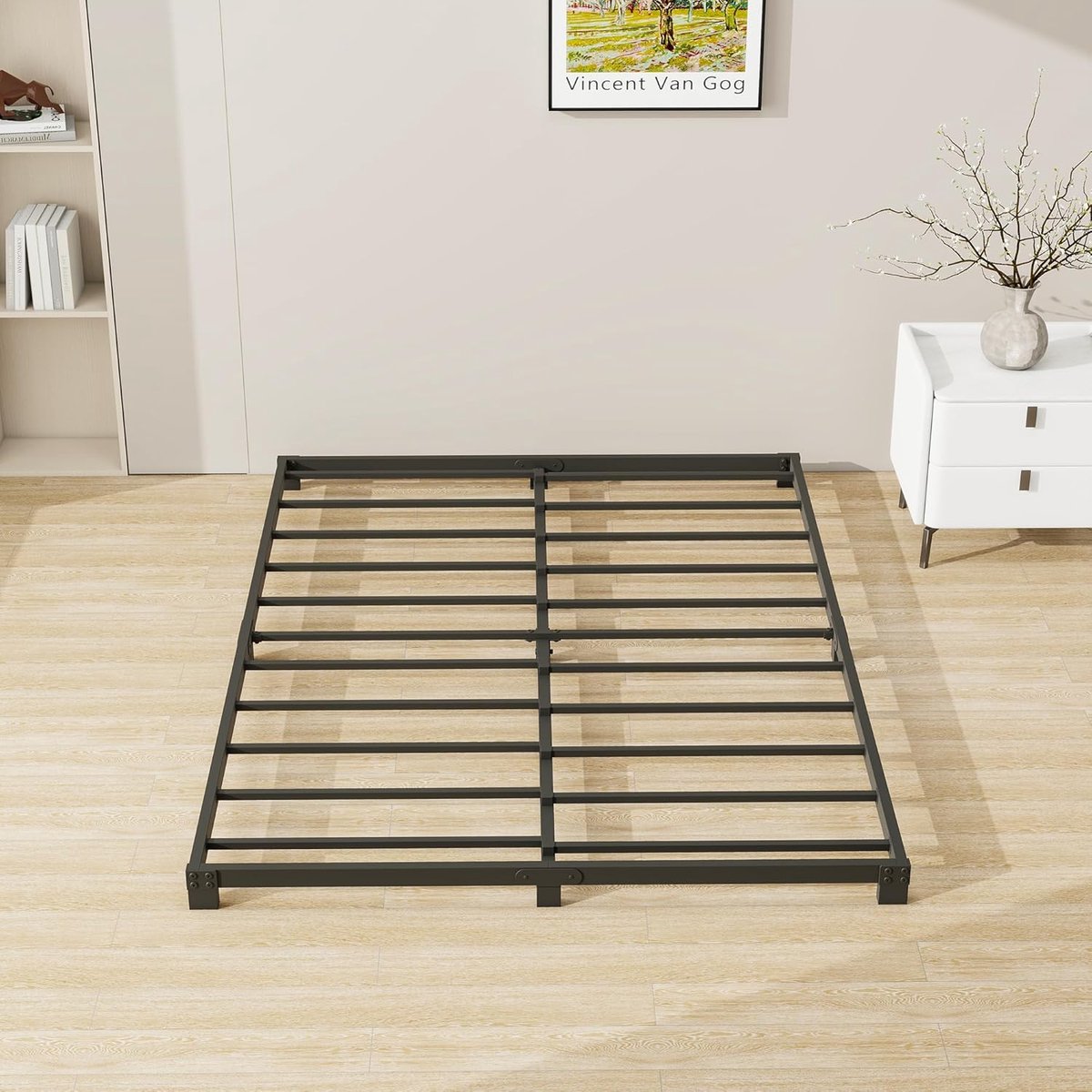 Platformbed van metaal, bedframe 120 x 200 cm, hoogte 8 cm, metalen bed met lattenbodem van metaal, modern, voor volwassenen, kinderen, jongeren, eenvoudige montage, tweepersoonsbed, zwart