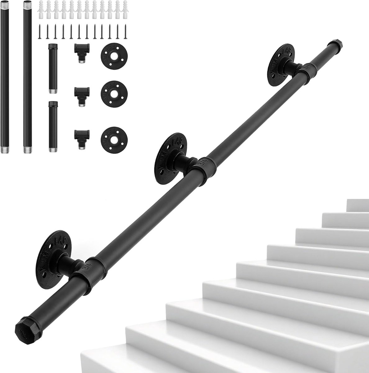 1,5 m leuning voor trappen, wandtrapleuning van industriële buis, leuning van ijzer voor binnen en buiten, loft, veranda, draagvermogen 150 kg (zwart)