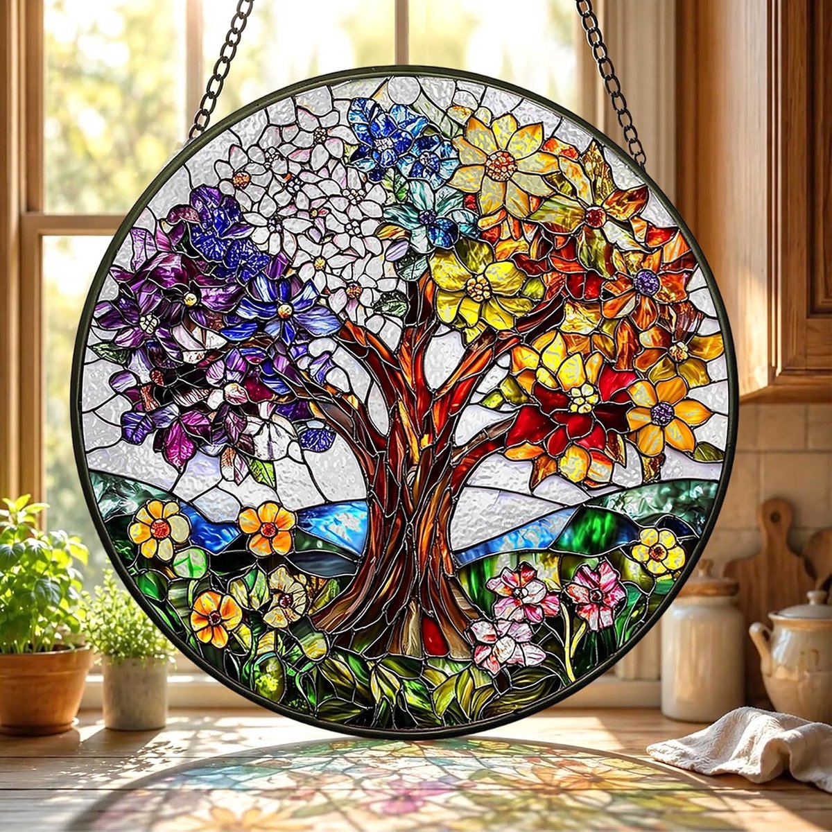 Seizoensboom Gekleurd Glas Hangend - Bloem Hangende Raamdecoratie - voor Tuin, Raam en Deur, Verjaardag voor Vrouwen, Handgemaakte Suncatcher Decoratie 20x20 cm