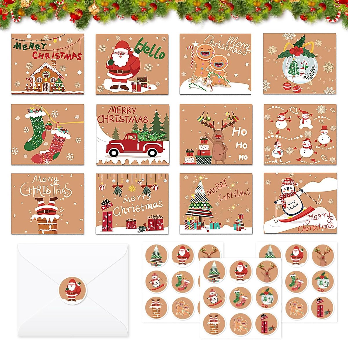 Wenskaarten met enveloppen en stickers, mini-kerstkaarten, blanco vouwkaarten voor familie, vrienden, feestdaggroeten