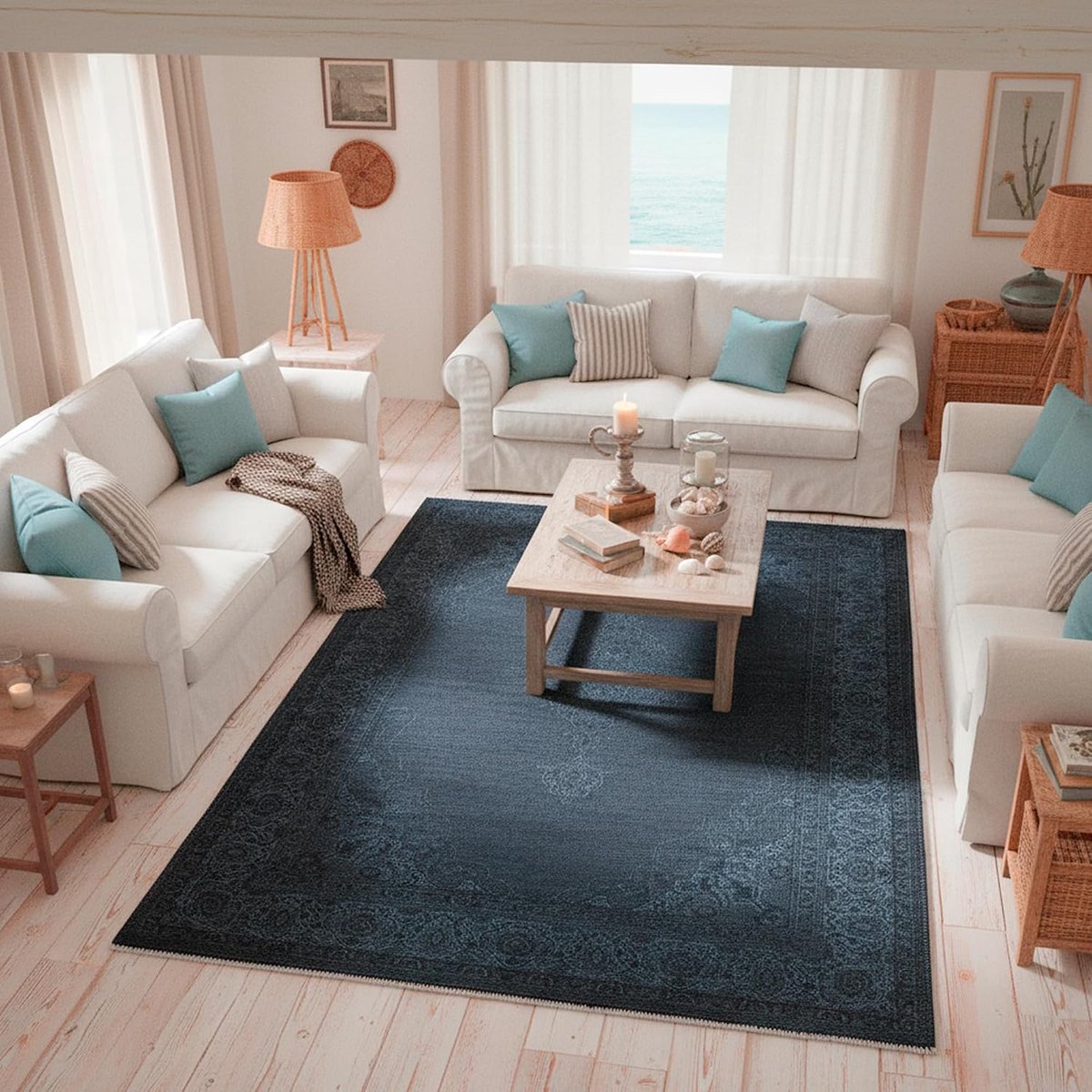 Kelim Gangloper 80x145 Marine Blauw – Laagpolig Vintage Tapijt Wasbaar 30°C Anti-slip Gerecycled Katoen Franjes Gang Hal Slaapkamer Woonkamer