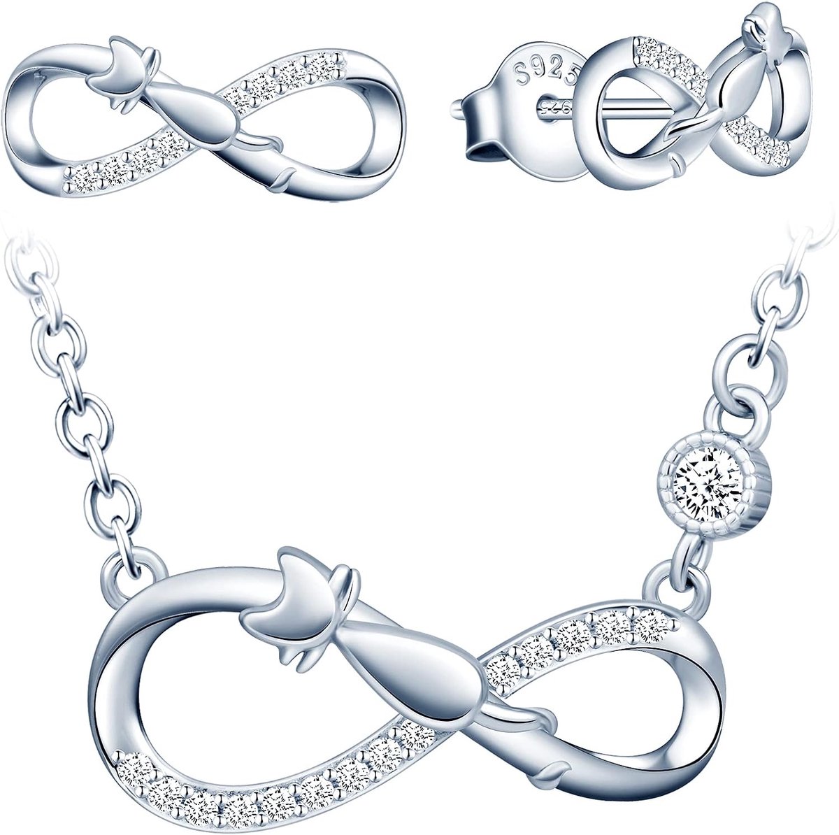Sieradensets, dames meisjes halsketting hanger armband oorring, 925 zilver halsketting armband oorring, schattige kat oneindigheidssymbool sieradensets, zirkonia, instelbare kettinglengte, zilver, Zirkonia,