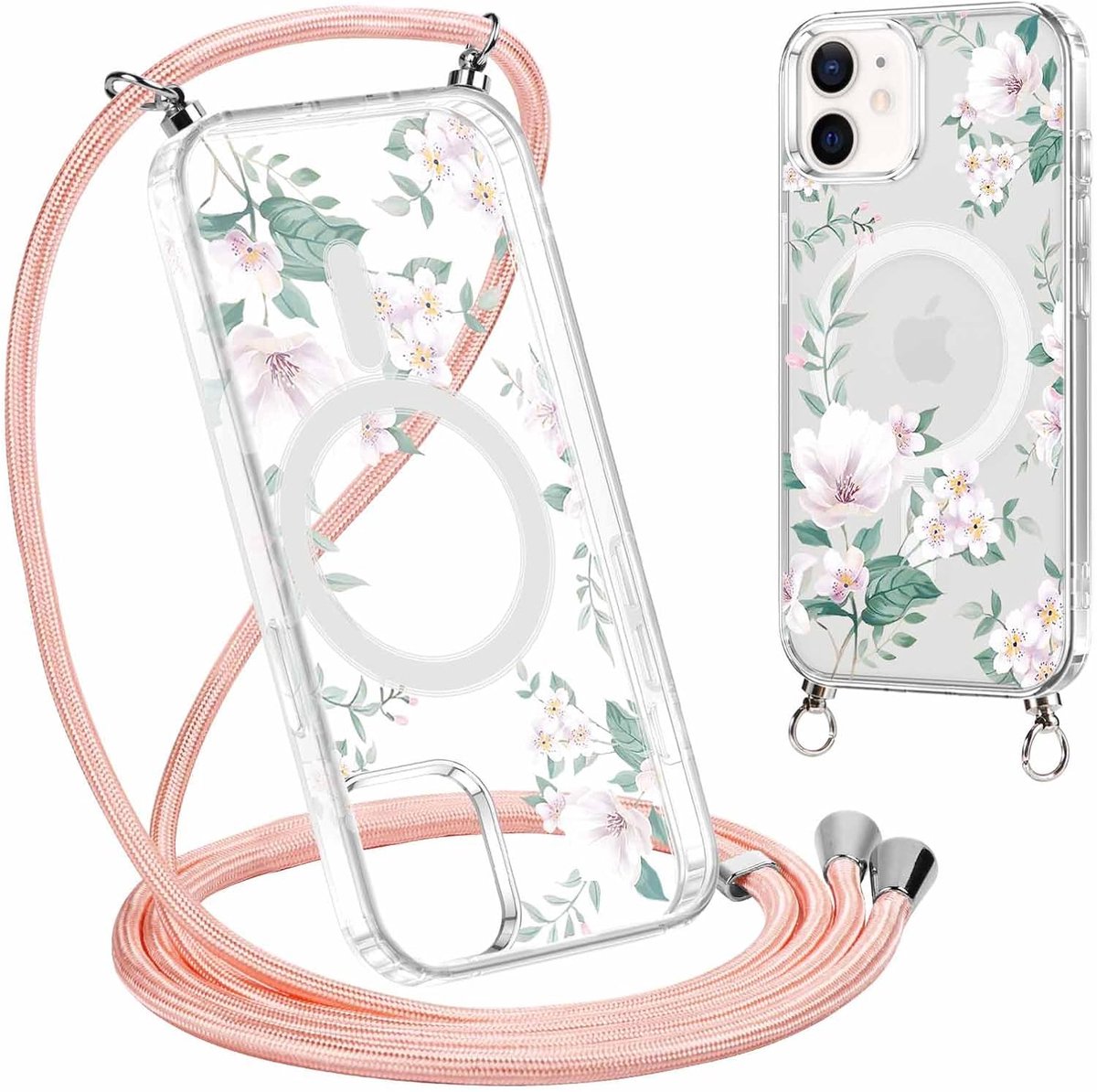 Telefoonhoes met koord voor iPhone 11 (6,1 inch), magnetische hoes van transparant silicone, compatibel met MagSafe, schokbestendig, verfijnd motief, bloemen 3