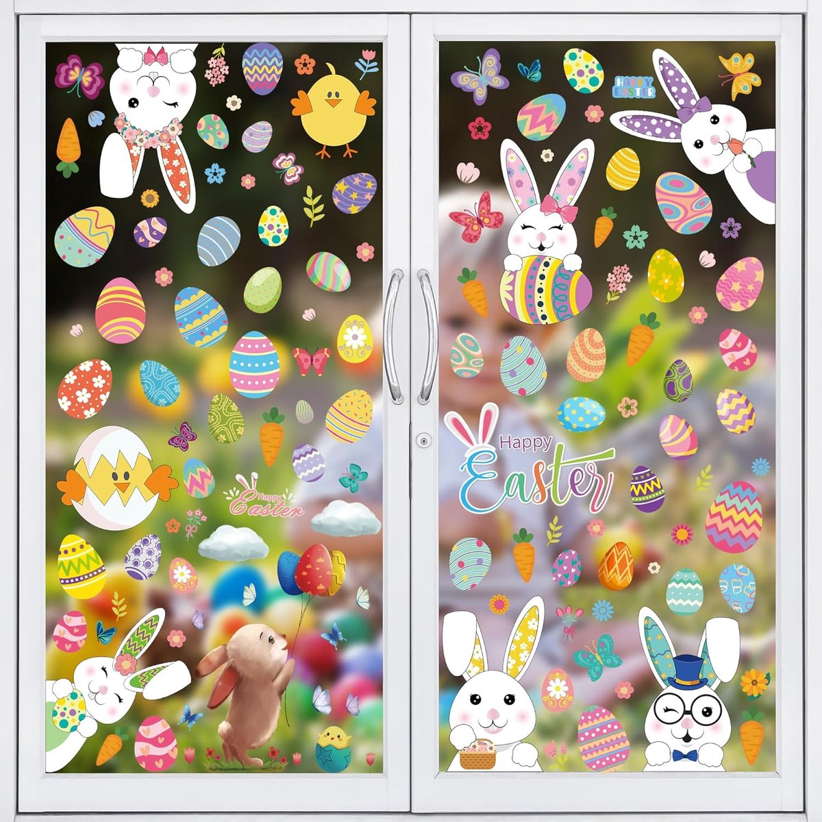 Raamdecoratie voor Pasen, 10 vellen, zelfklevend, raamdecoratie voor Pasen, met hazen, paaseieren, kuiken, herbruikbaar, statisch hechtende pvc-stickers voor raam, deur, kinderkamer, lente,