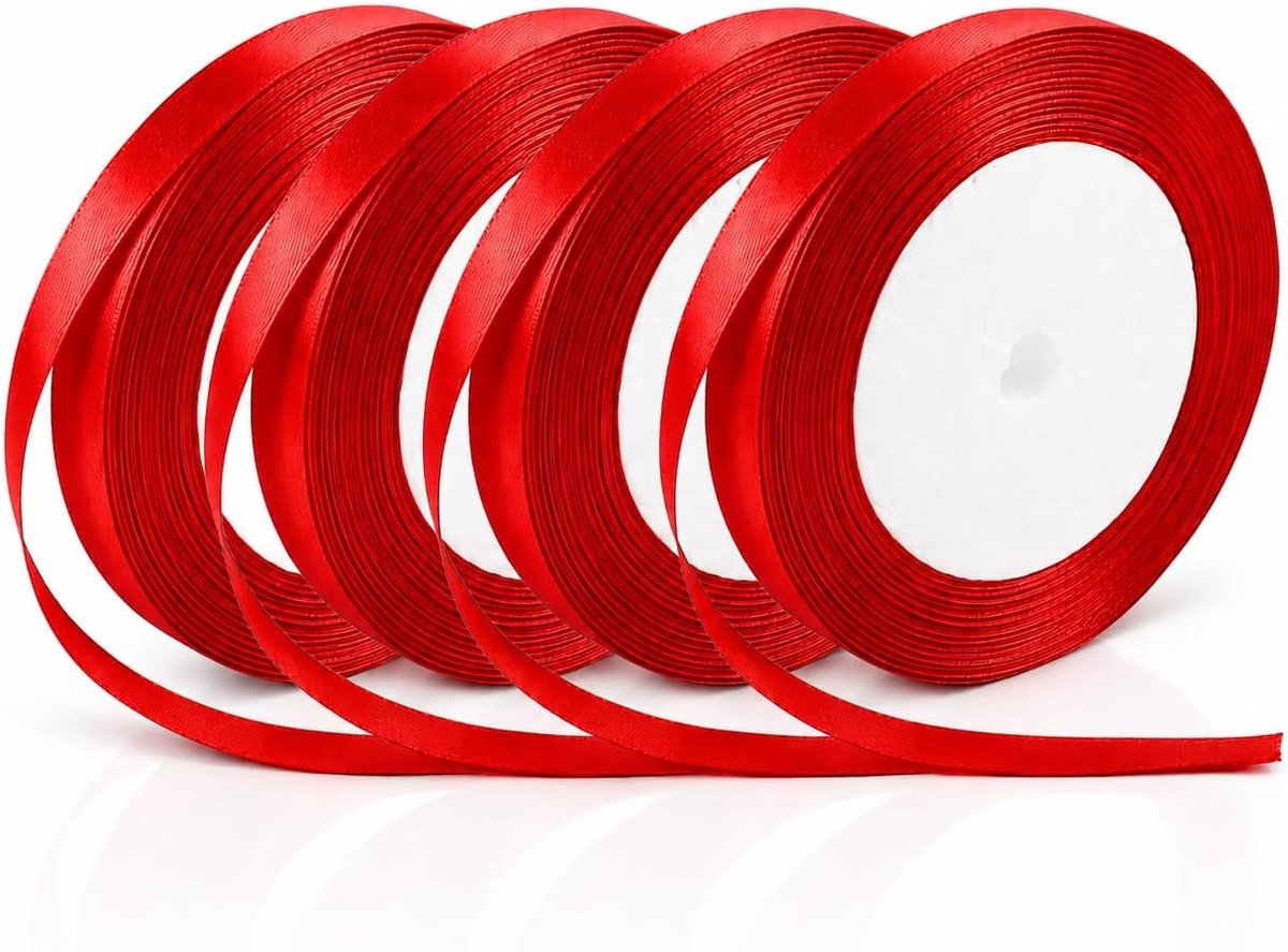 4 stuks satijnen lint, 10 mm x 22 m, rood, voor decoratie, cadeau, bruiloft, Kerstmis, verjaardag, satijnen lint voor naaien, doe-het-zelf, handwerk, ballonnen, boeket, verpakking en feestelijke