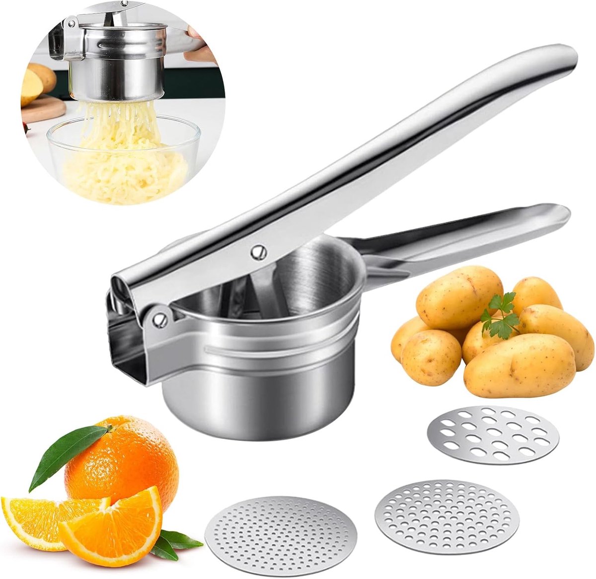 Aardappelpers van roestvrij staal, handmatige aardappelpers met comfortabele handgreep, spaghetti-ijspers met 3 verwisselbare schijven, multifunctioneel voor aardappelpuree, pompoen, zoete aardappel