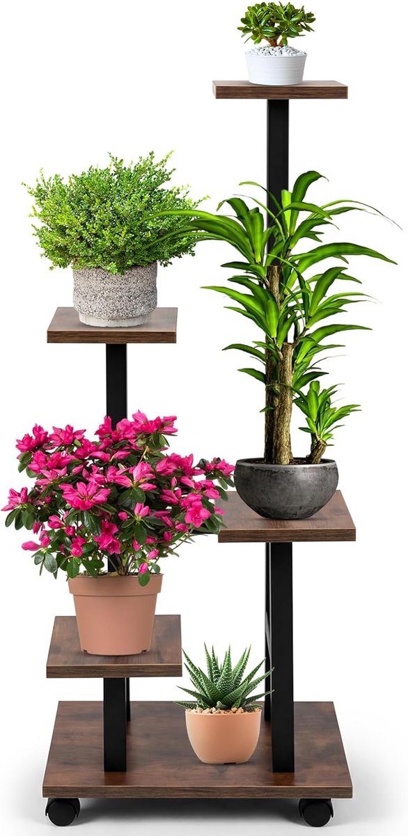 5-laags Plantenrek met Wielen, 85cm Hoog Houten & Metaal Binnen Plantenstandaard, Rolstoel Plantrek voor Woonkamer, Balkon, Raam & Tuin – Vierkant